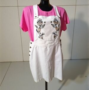MINKPINK Corduroy Cream Embroidered Bib Style Mini Dress Overalls Size M